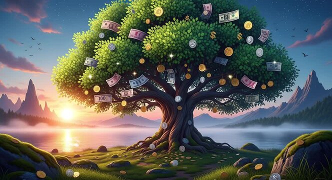 huge money tree growing in fantasy landscape under glowing magical sky
Seamless looping, virtual video animation background. Generated AI	