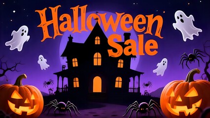 Halloween Discount Poster, Haunted House Silhouette, Scary Pumpkins, Spiders, Text: "Halloween Big Sale"