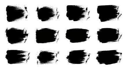 Collection of Twelve Black Abstract Brush Strokes Isolated on White Background Textured Artistic Elements