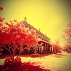 Building Facade with Trees in Red and Yellow Light