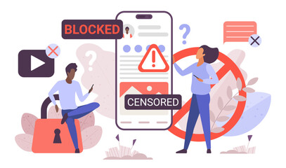 Blocked online social media content, internet restriction for mobile app vector illustration. Cartoon tiny people sitting on lock near big phone with exclamation mark and censored word on screen