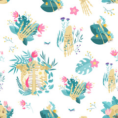 Unique seamless pattern featuring human bones and colorful flowers, perfect for creative backgrounds, textiles, or Halloween decor, modern botanical and anatomy fusion vector illustration