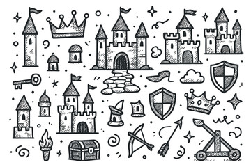 Naklejka premium Doodle castle and medieval icons in hand-drawn style