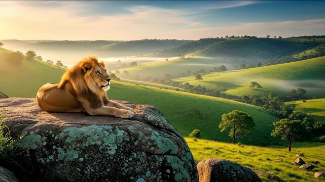 Majestic lion on rock overlooking savanna at sunrise