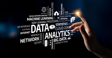 A conceptual image showcasing data analytics with a hand reaching towards a blend of digital elements, representing trends in machine learning and big data. Tessel
