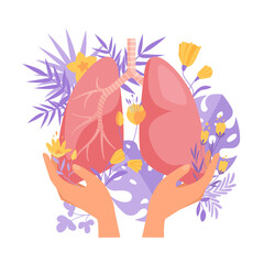 Human lungs held in caring hands surrounded by flowers and leaves symbolizing respiratory health, protection, and wellness, perfect for medical or healthcare concepts isolated vector illustration