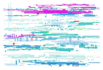 Abstract neon glitch effect with vibrant pixel distortion and digital noise perfect for tech backgrounds, cyberpunk themes, or modern graphic design projects vector illustration