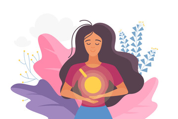 Young woman with long hair gently holding a glowing sun, symbolizing hope, positivity, and inner strength, surrounded by abstract leaves and floral elements, isolated vector illustration
