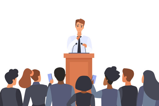 An anxious man stands at a podium facing an audience, showing insecurity and stage fright during a public speech, perfect for communication or leadership topics isolated vector illustration