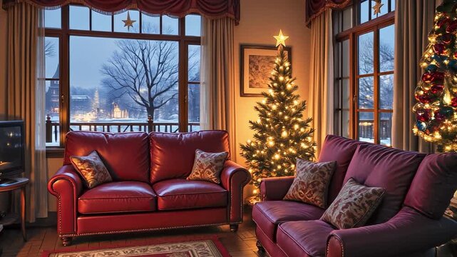 Christmas Eve, a fireplace is burning in a cozy room, a Christmas tree with balls and toys is shining. Magic is happening, the lights are flickering, sparkling. Fairytale atmosphere of New Year and Ch
