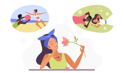 Young woman daydreams about joyful summer moments, playing on the beach and relaxing with friends, perfect for concepts of nostalgia, happiness, and leisure vector illustration
