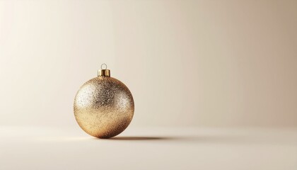 A minimalist and elegant photo of a single textured gold Christmas bauble on a clean, neutral background.