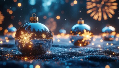 A cinematic 3D render for a New Year's party, featuring Christmas baubles, fireworks, and a futuristic landscape.