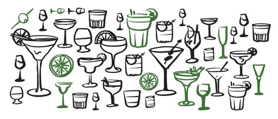 Isolated vector set of wine and alcoholic beverage glasses and tumblers. Hand drawn sketch.Red and black drawing on white background.Cocktails, martini, whiskey, cognac, vodka, gin tonic, beer, brandy