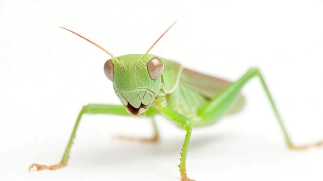 A close-up photo of a grasshopper on a white surface