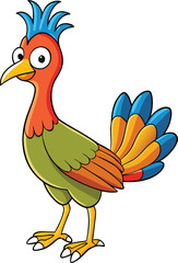 Whimsical cartoon bird with colorful plumage and spiky blue crest