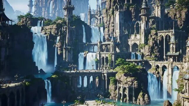 Majestic fantasy city with waterfalls and architecture against a daytime sky ideal for commercial use