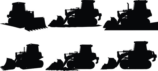 Bulldozer silhouette set, construction vehicle, front blade, heavy machinery, caterpillar