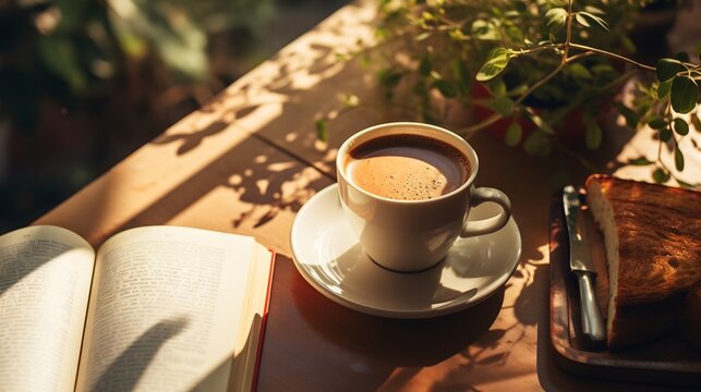 Coffee and bread with an open book and plant on a table - Powered by Adobe