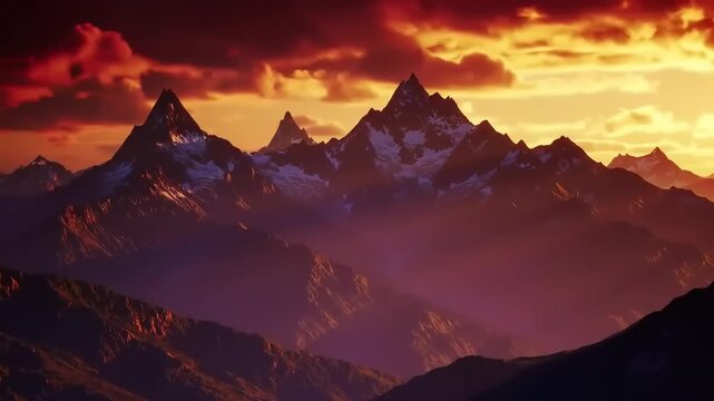 Majestic mountain range at sunset with vibrant colors and dramatic lighting