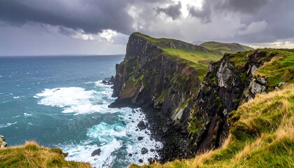 Dramatic coastal cliffs under a stormy sky
