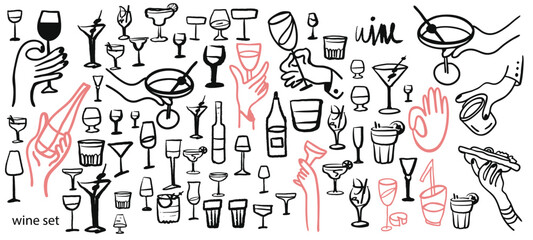 Isolated vector set of wine and alcoholic beverage glasses and tumblers. Hand drawn sketch.Red and black drawing on white background.Cocktails, martini, whiskey, cognac, vodka, gin tonic, beer, brandy