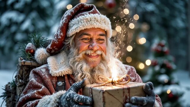 A cheerful and cunning Santa smiles charmingly and winks cheerfully, looking at the camera. Christmas Eve, magic and witchcraft.