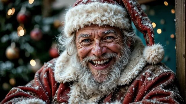 A cheerful and cunning Santa smiles charmingly and winks cheerfully, looking at the camera. Christmas Eve, magic and witchcraft.