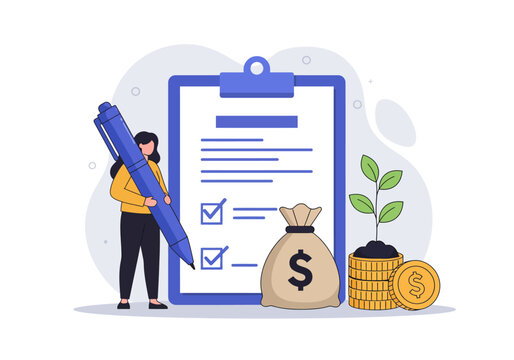 Grant writing concept. Woman with giant pen completes grant application. Financial aid, funding, investment. Money bag, coins, growing plant symbolize growth, support, success, opportunity.