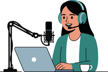 Vector art of a woman sits at a desk, recording a podcast with a microphone and laptop, she is wearing headphones and a green jacket, looking engaged and enthusiastic