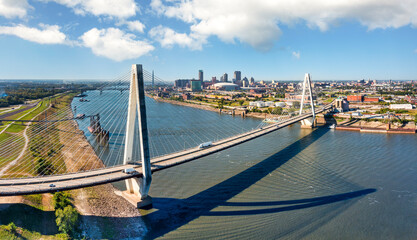 Aerial panorama of St Louis, Missouri skyline and the Stan Musial Memorial Bridge. St. Louis is an independent city in the U.S. state of Missouri.