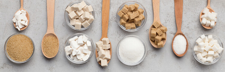 Collection of sugar types in spoons and bowls, panorama