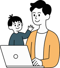 Fototapeta premium Vector art of a father and son are standing in front of a laptop, smiling the son is reaching out to touch the screen, and the father is looking at him with a smile