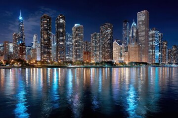 Chicago Skyline at Night Reflected in Calm Water