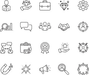 Minimal black vector icon set showcasing business project strategy, workflow, management, innovation, teamwork, planning, and technology for modern
