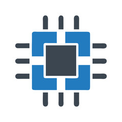 Obraz premium Modern abstract blue and black square microchip processor icon with radiating pins on white background