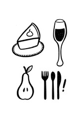 Delicious slice of pie with wine glass, fresh pear, and cutlery for a delightful meal.