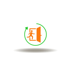 Vector illustration of round arrow and person running to exit door. Symbol of evacuation emergency plan.