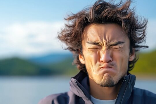 Young asian male outdoors with funny expression at scenic lake