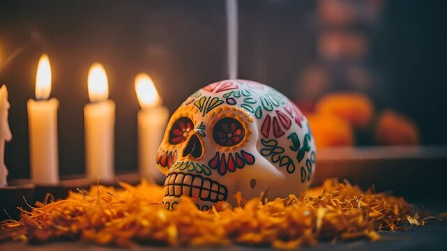 Dia de los Muertos: sugar skull surrounded by marigolds and candles, celebrating loved ones, Day of the Dead decor, religious holidays, Mexican culture, festival, remembrance.