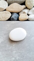 Smooth white stone on gray surface with assorted background rocks