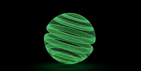 A glowing green wireframe sphere with a swirling pattern on a black background, representing abstract technology or science.