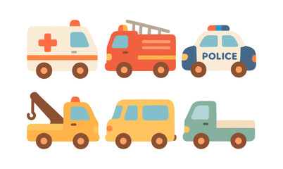 Cute flat style emergency and utility vehicles for kids' designs