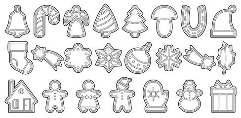 Christmas cookie outline vector with bell, candy cane, angel, tree, star, mitten, snowman and more. Black contour design isolated on white background for holiday decor and stock images.