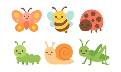 Naklejka premium Cute cartoon insects: butterfly, bumblebee, ladybug, caterpillar, snail, grasshopper