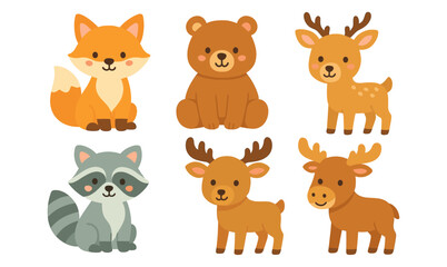 Fototapeta premium Cute woodland animals collection in flat cartoon style