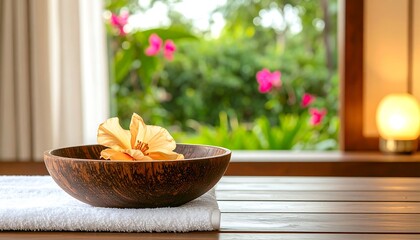 Wooden bowl with flower and towel on a table, view through window to garden