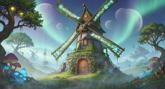 Fantasy windmill standing on glowing landscape with magical light and dreamy atmosphere
Seamless looping, virtual video animation background. Generated AI	