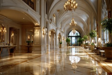 Obraz premium Luxurious Hotel Lobby with Marble Floor and Vaulted Ceiling