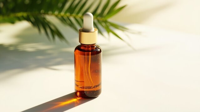 Amber glass dropper bottle with botanical serum or elixir in sunlight, leaf shadow, modern natural skincare or essential oil concept.